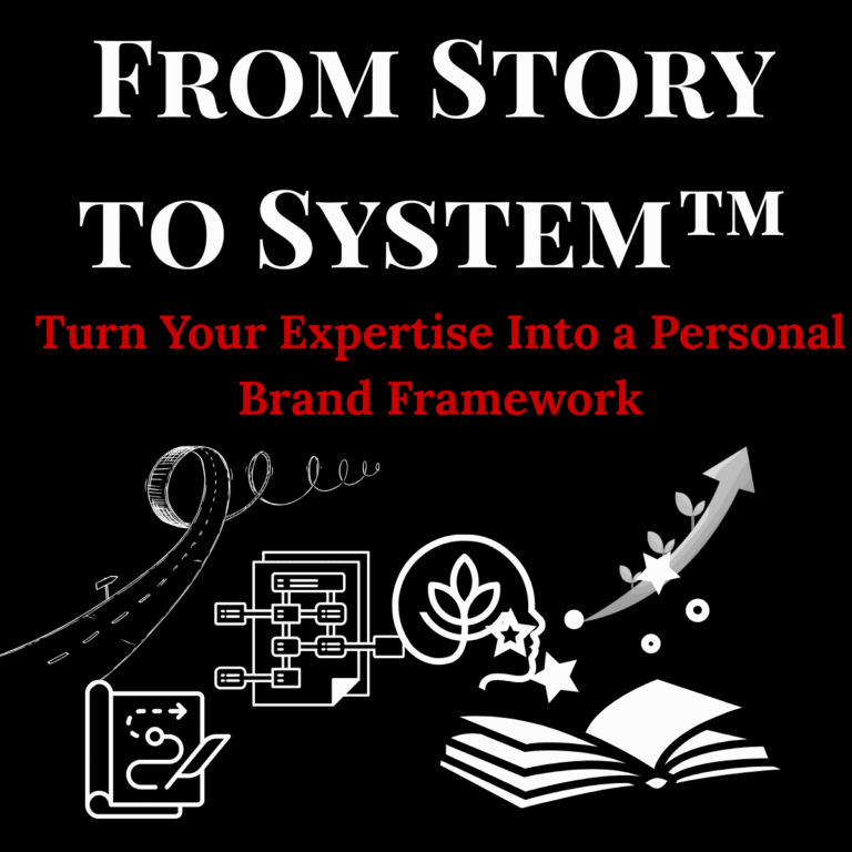 Icons showing a book, lightbulb, checklist, and upward arrow represent the shift from story to system in personal branding.